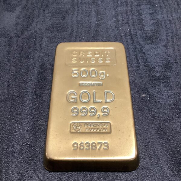 Decorative gold bar paperweight for desk or display.