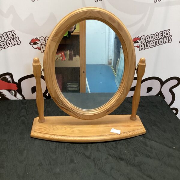 Vintage pine dressing table mirror with oval glass.