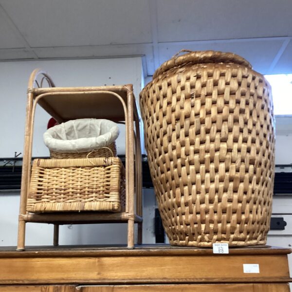 Pair of vintage wicker and bamboo storage baskets.