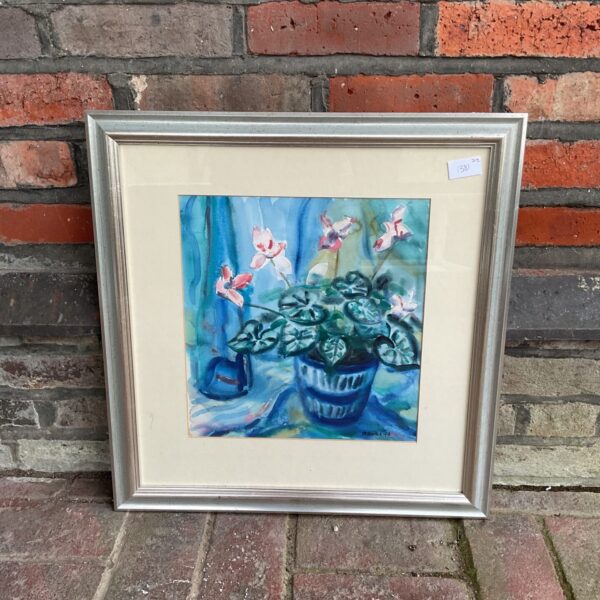Vintage r hollis watercolour painting of potted plants in a frame.