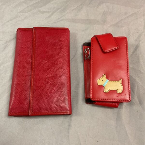 Red Radley leather purse and phone case set, vintage style.