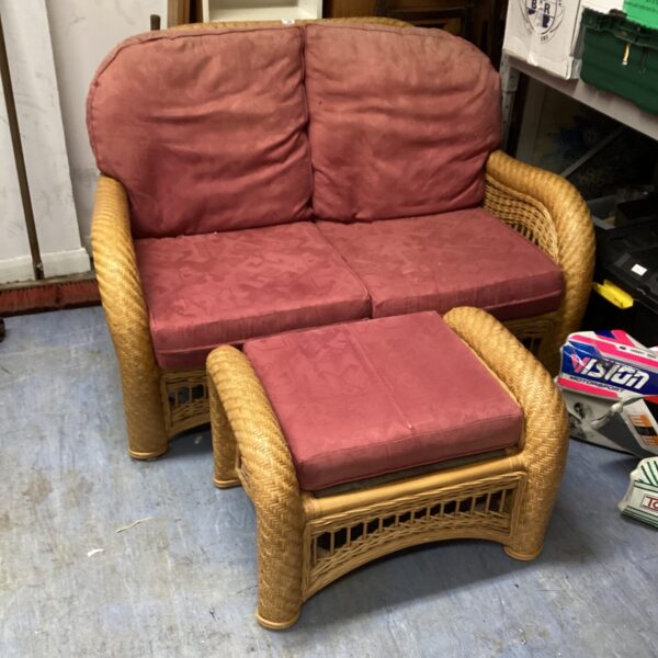 Vintage rattan conservatory sofa and matching stool set.