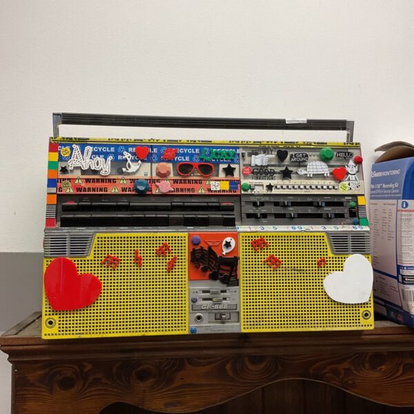 Vintage Sharp GF-666 cassette radio boombox in vibrant colours.