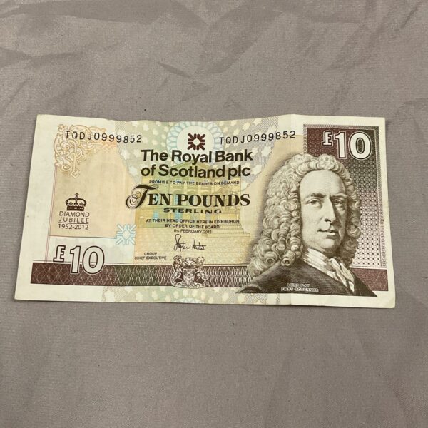 Front of a Royal Bank of Scotland £10 note featuring Robert Burns.