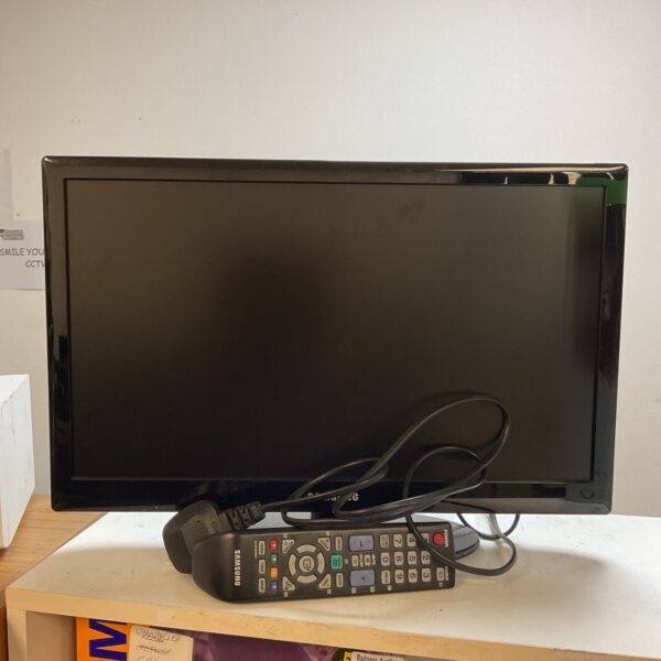 Samsung 19 inch LCD monitor with remote control for computer use.