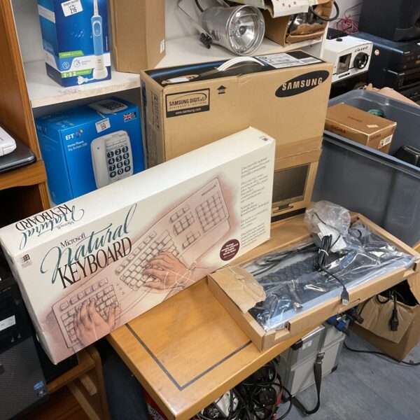 Vintage Samsung monitor and Microsoft Natural keyboard lot for sale.
