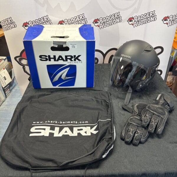 Shark motorcycle helmet and buffalo leather riding gloves set.