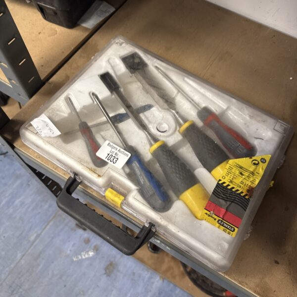 Vintage Stanley hand tools set in a compact carrying case.