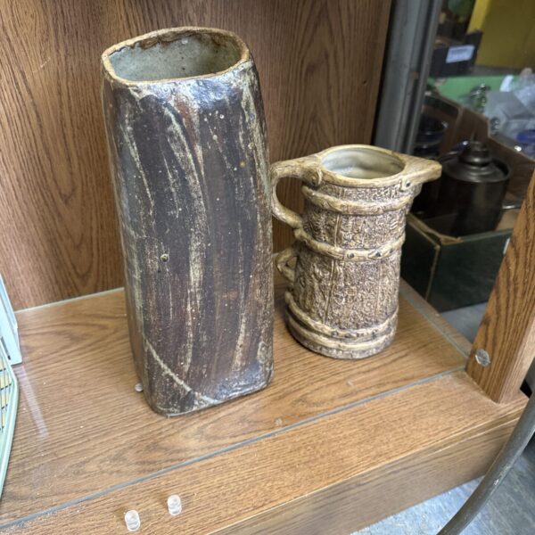Vintage studio pottery jug and vase pair for collectors.