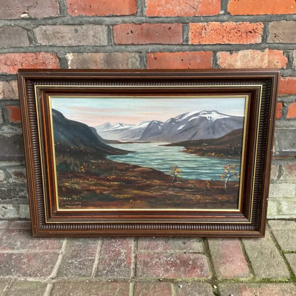 Vintage Swedish landscape oil painting of Saltouokta fjord signed Othmar.