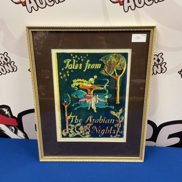Framed vintage lithograph illustration from Tales from the Arabian Nights.
