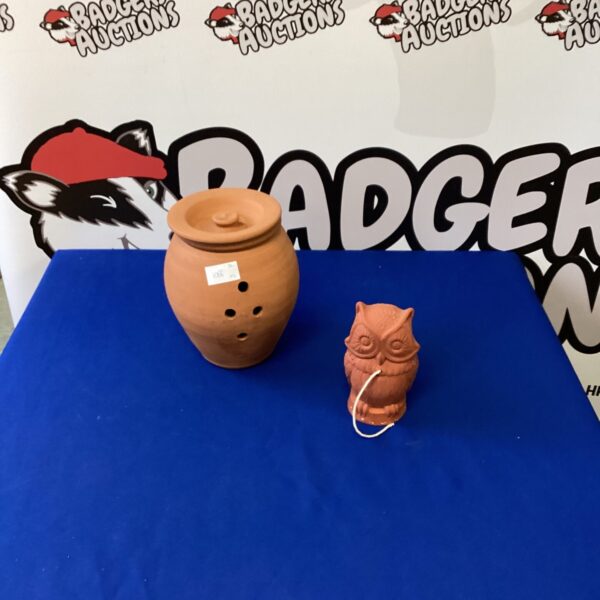 Vintage terracotta onion pot with owl string dispenser.