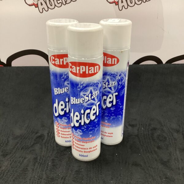 Three cans of Carplan Blue Star de-icer for winter car care.