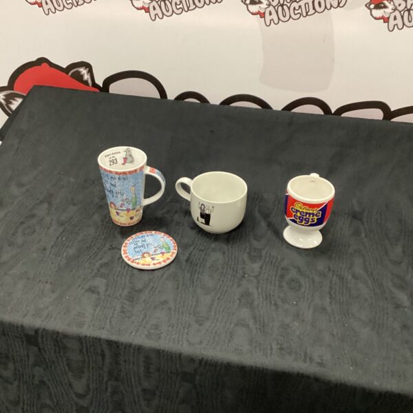 Lot of three Rupert Fawcett collectible mugs for collectors.