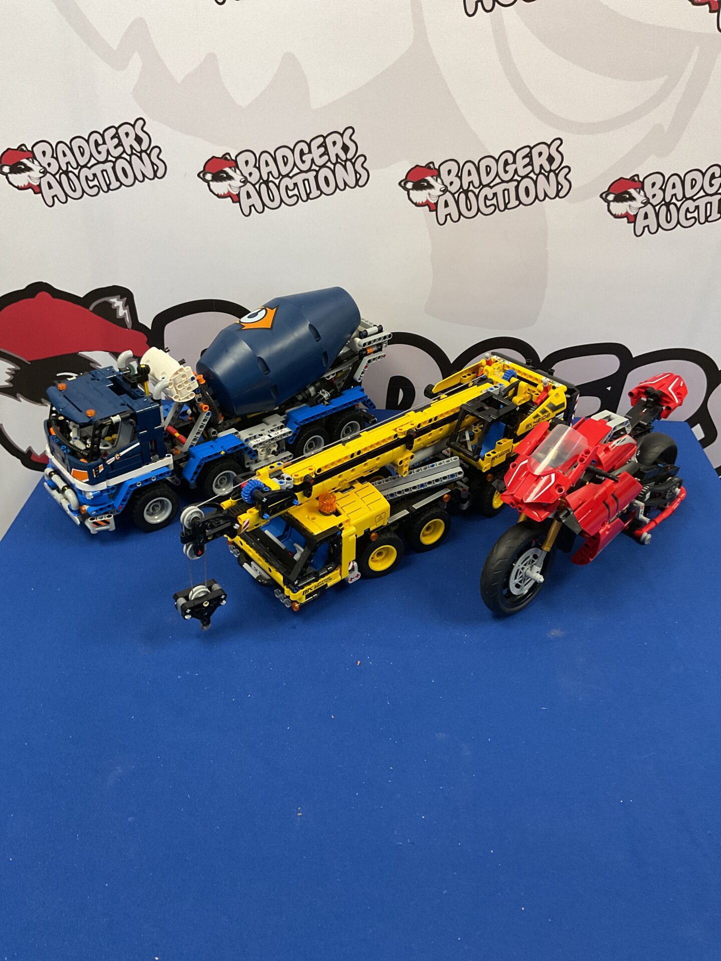 368 Three Lego technic vehicles inc crane and motorcycle