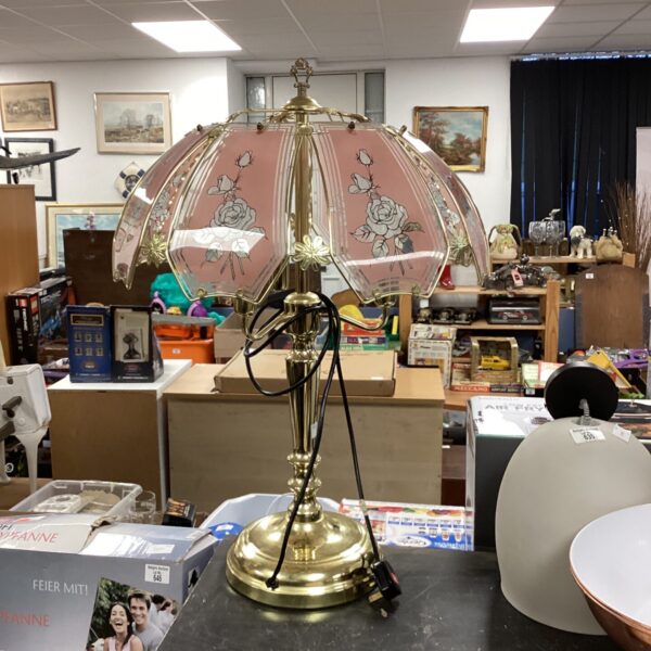 Large pink and brass Tiffany style table lamp.