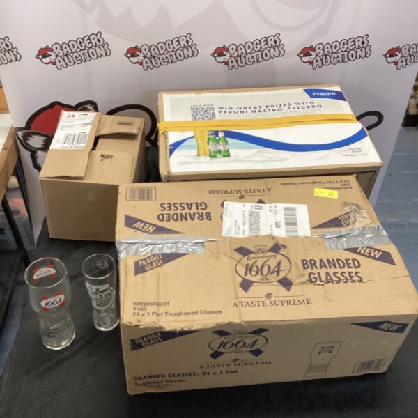Stack of Kronenburg and Peroni branded pint glasses in boxes.