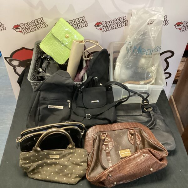 Assorted handbag lot including a Louis Vuitton style bag.