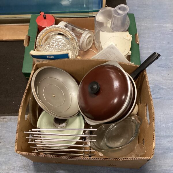Mixed lot of vintage kitchenware including silver plated dish.