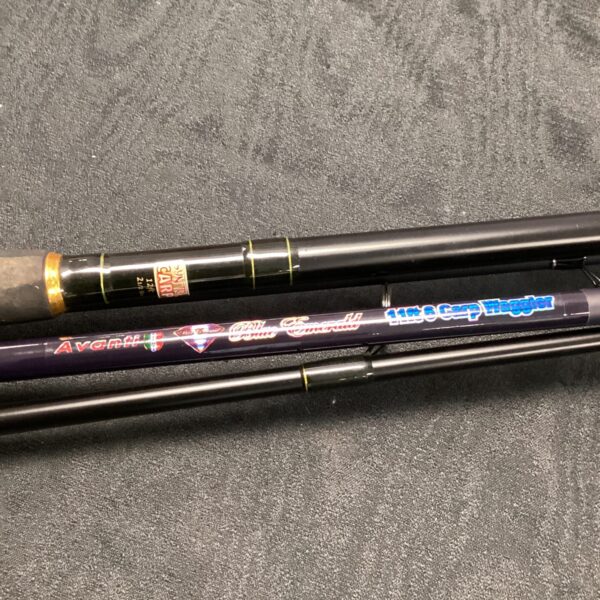 Close-up of Avanti Blue Emerald carp fishing rod with reel.