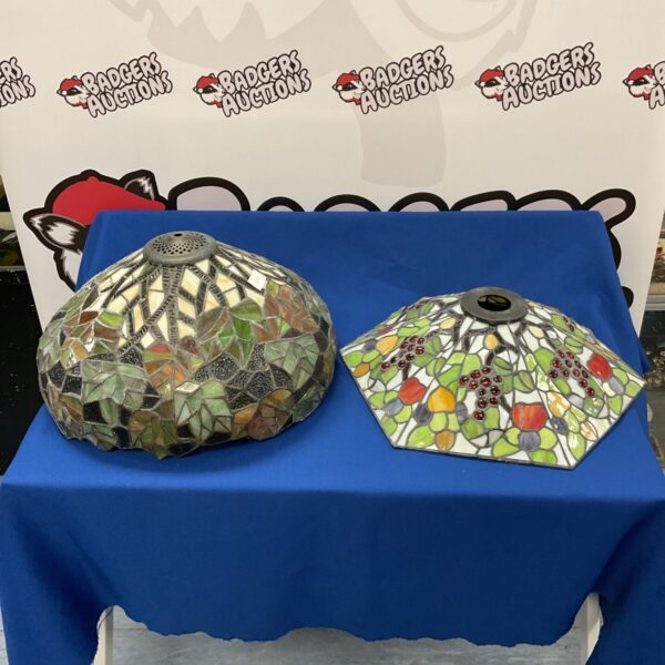 Pair of colourful Tiffany style lamp shades for home lighting.