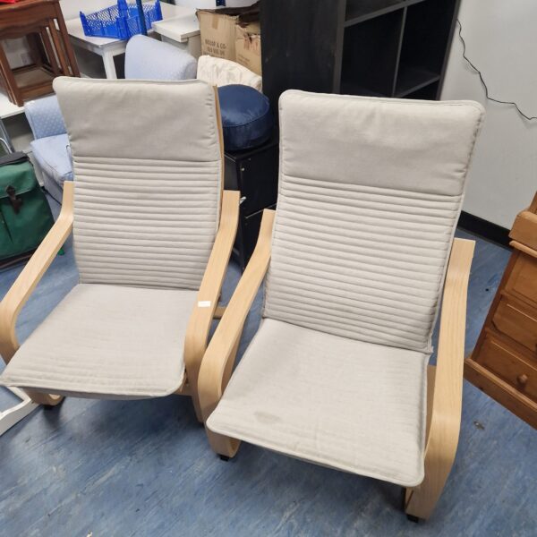 Pair of vintage Ikea bentwood armchairs with woven backs.