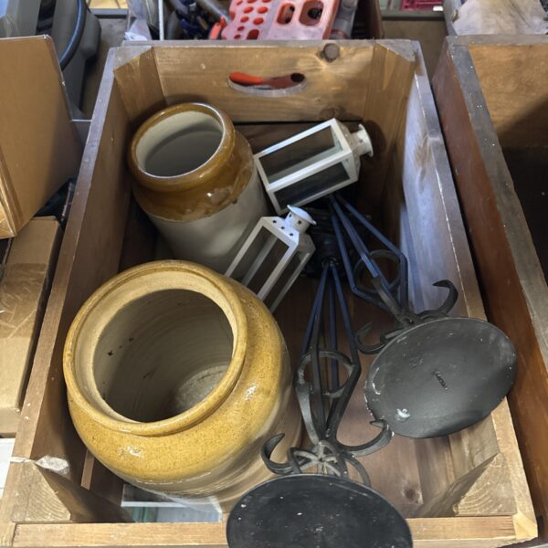 Vintage salt glazed pottery and wrought iron candle holders lot.