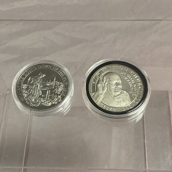 Silver half crown depicting “The Going Down of the Sun” commemorating Churchill.