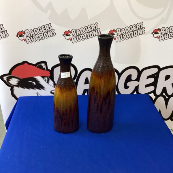 Pair of vintage studio glazed vases with rich brown and red tones.