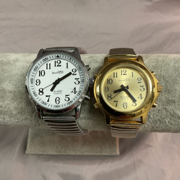 Vintage gold talking wristwatch, unique novelty timekeeping device.