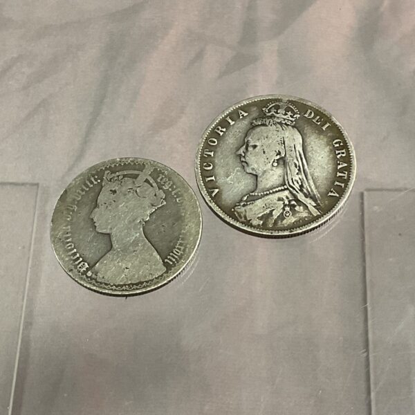 Victorian silver florin coin with Queen Victoria portrait.