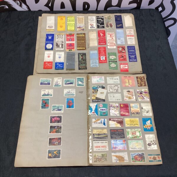 Vintage scrapbooks filled with colourful matchbox cover labels and ephemera.