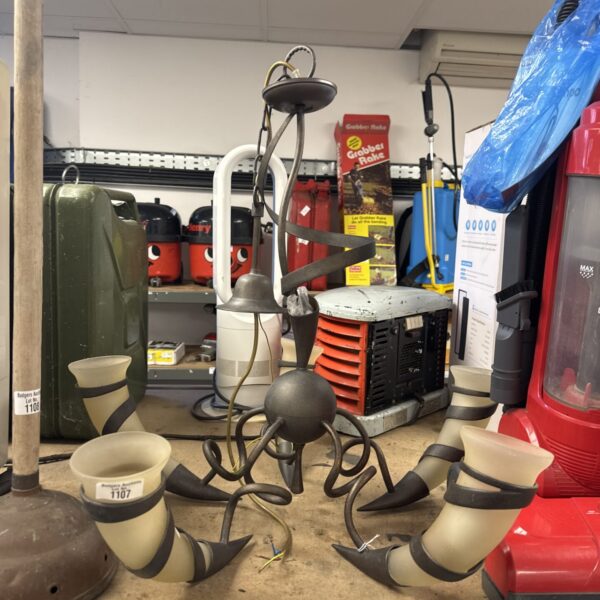 Vintage Viking horn ceiling light, industrial metal fixture.