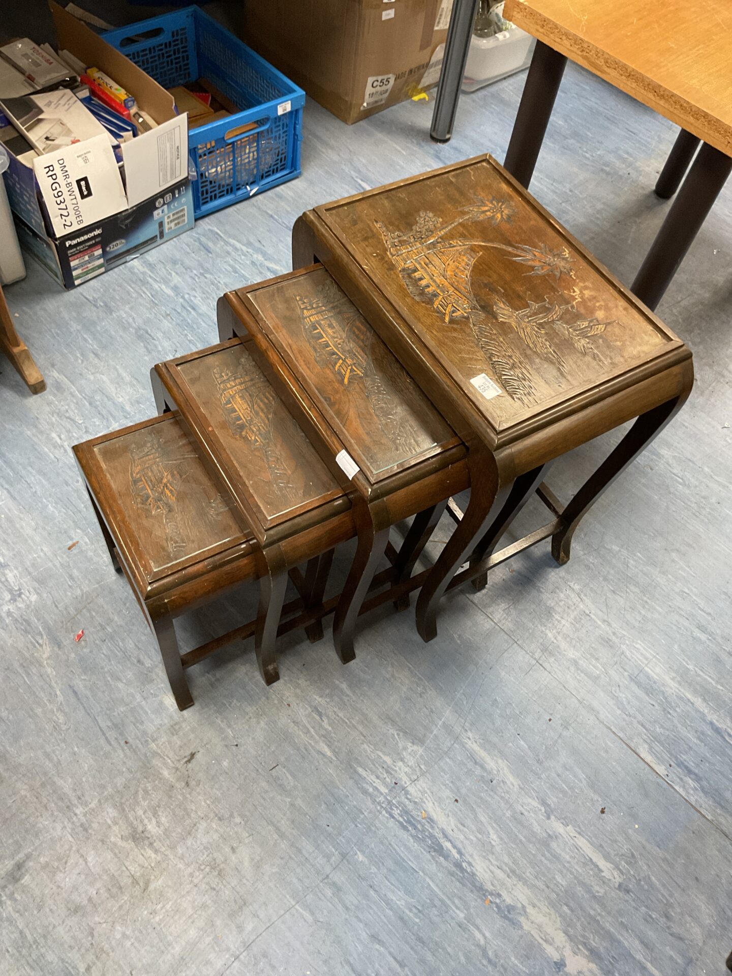 436 Vintage Chinese carved nest of tables (one missing glass)