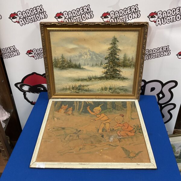 Vintage Margaret Tarrant print and oil painting of a winter mountain scene.