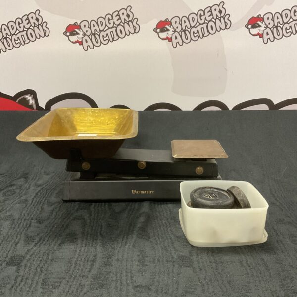 Vintage Waymaster scales with brass balance and weights.