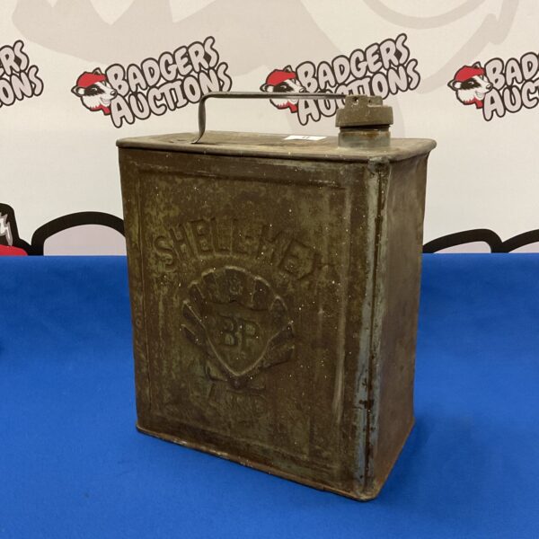 Vintage Shell Mex fuel can with classic branding.