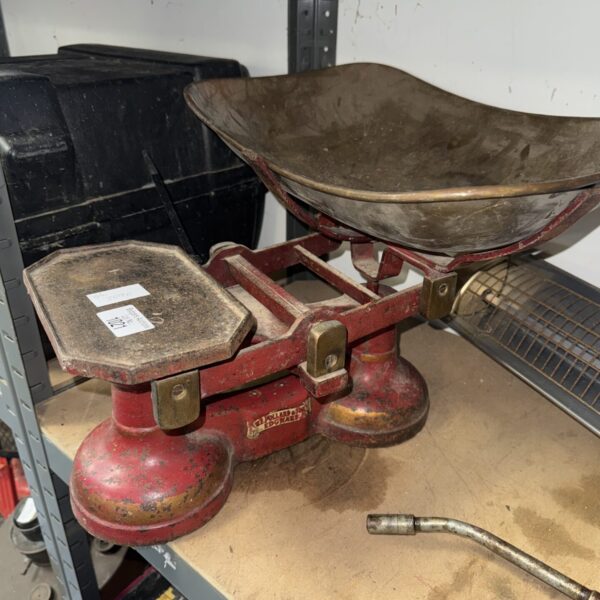 Vintage W E Pollard & Sons balance scales for weighing.