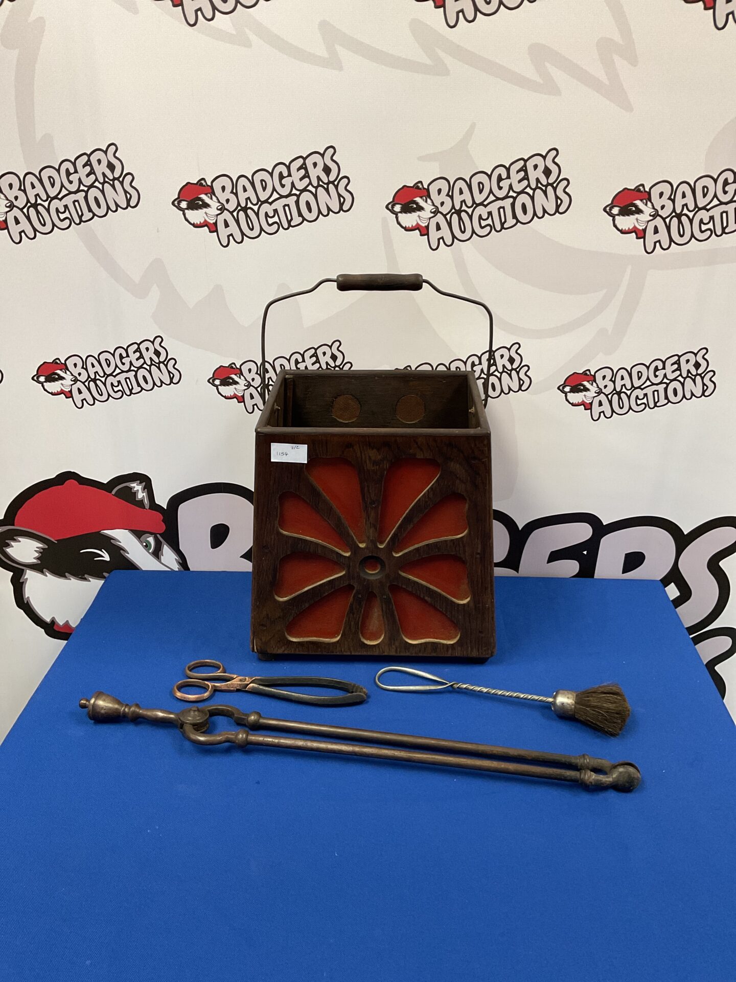 084 Vintage wooden speaker box bucket with fireplace tools