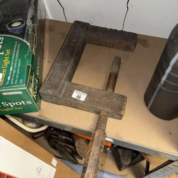 Vintage woodworkers clamp showing wear and use.