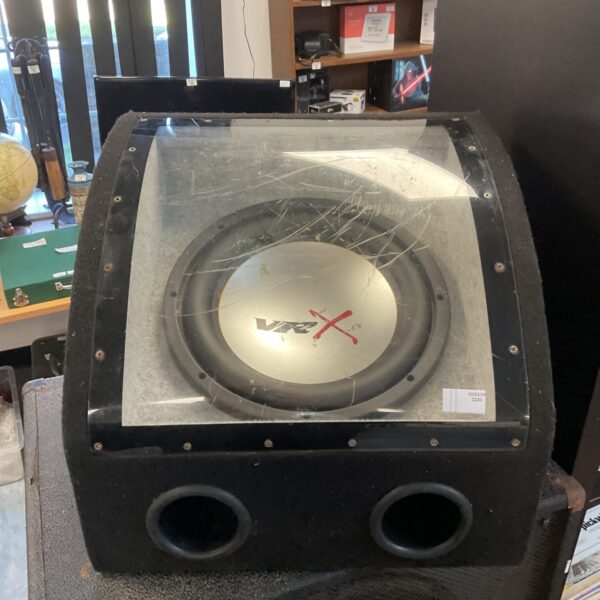 Black Vr x 12 inch car subwoofer for powerful bass.