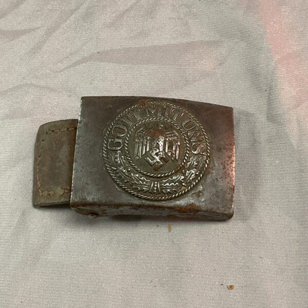 WWII German belt buckle with "GOTT MIT UNS" inscription, front view.