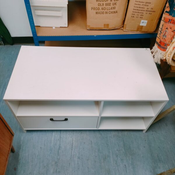 White media cabinet LL490 for storage and media equipment.
