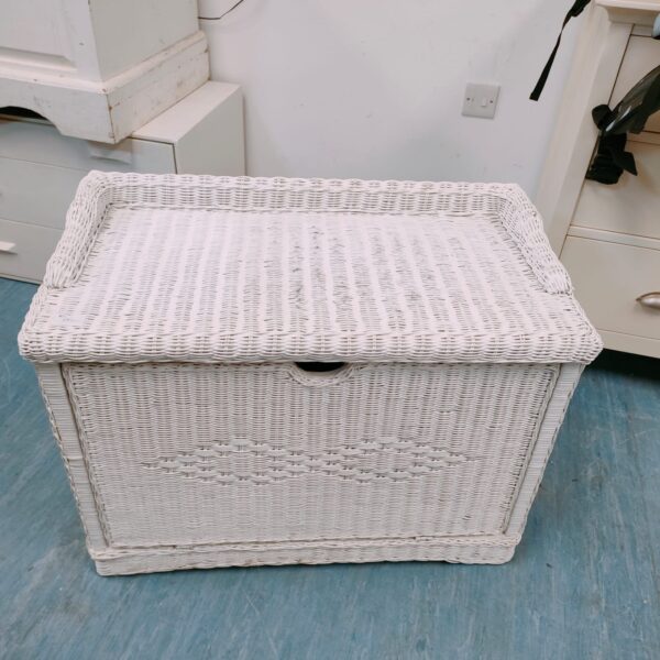 Full view of a white wicker storage chest on a blue floor.