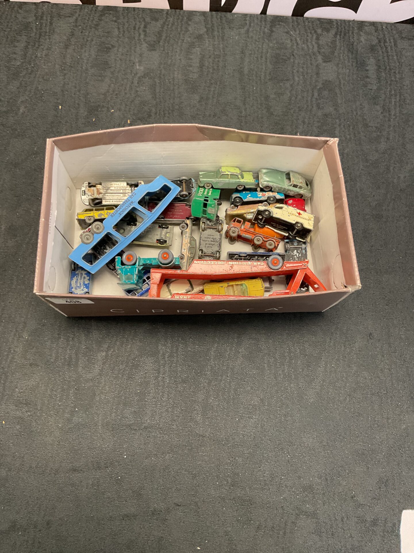408 Box of mixed vintage matchbox diecast models inc car transporter