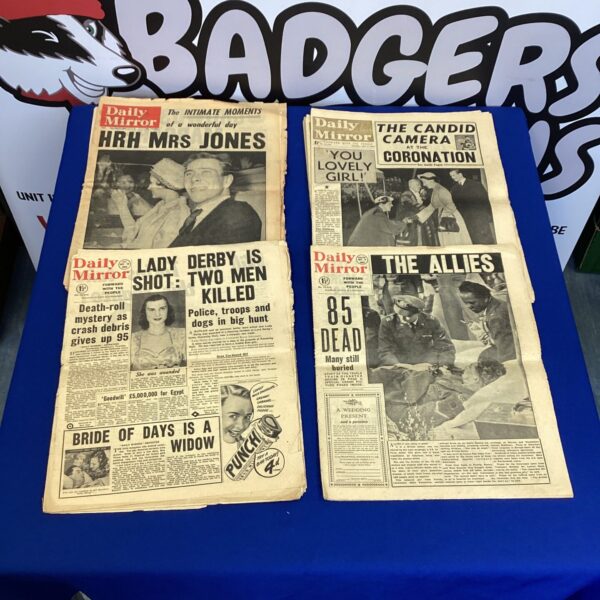Collection of vintage Daily Mirror newspapers, British Fleet Street journalism.