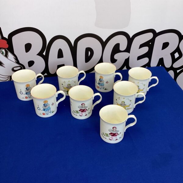 Lot of eight vintage Clown Staffordshire mugs by Crown Trent.