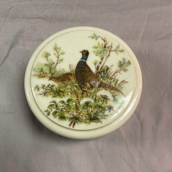 Vintage porcelain relish pot with pheasant decoration.