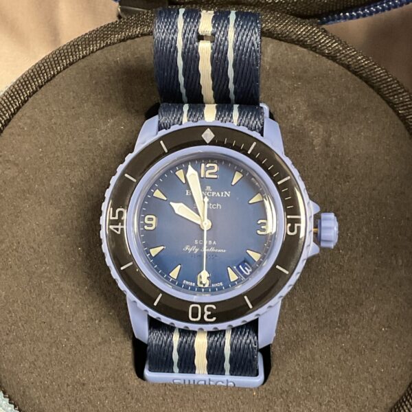 Front view of the Blancpain Swatch Scuba Fifty Fathoms Atlantic Ocean dive watch.