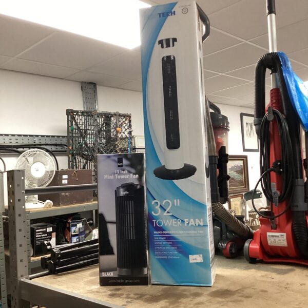 Pair of tower fans including Nestech and Keplin models for cooling.